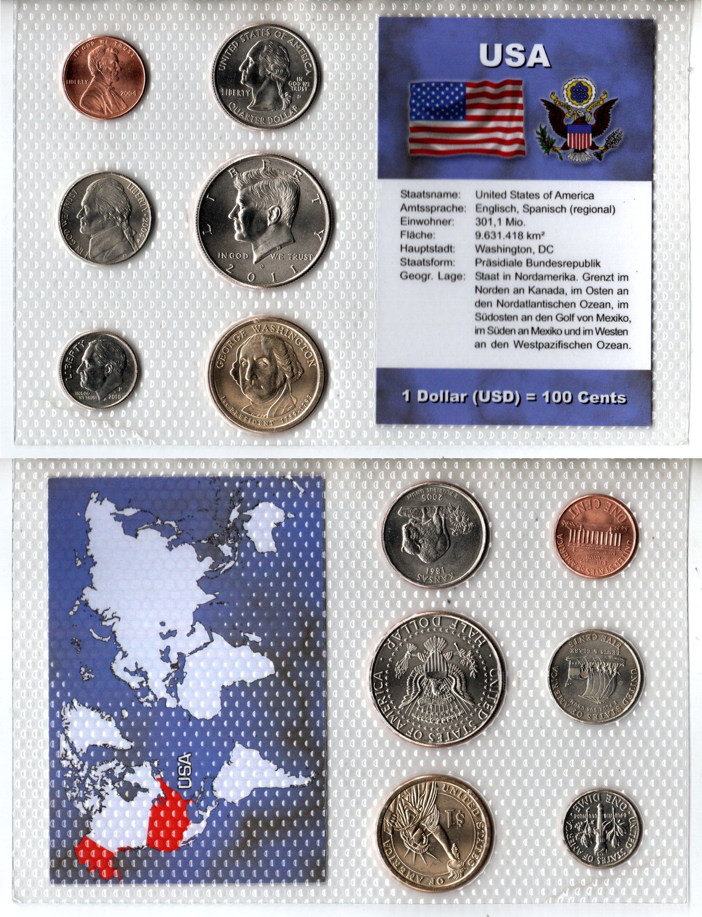 США набор из 6 монет (1, 5, 10 и 25 центов; 1/2 и 1 доллар) 2004, 2005, 2007, 2010 и 2011 в красочной упаковке с информацией о стране KM 195a, 201b, A202b, 361, 373 и 401 UNC 3-4-1-40