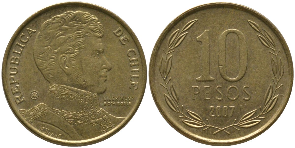 Чили 10 песо 2007 So KM 228.2, Schon 82 алюминиевая бронза 4544-814