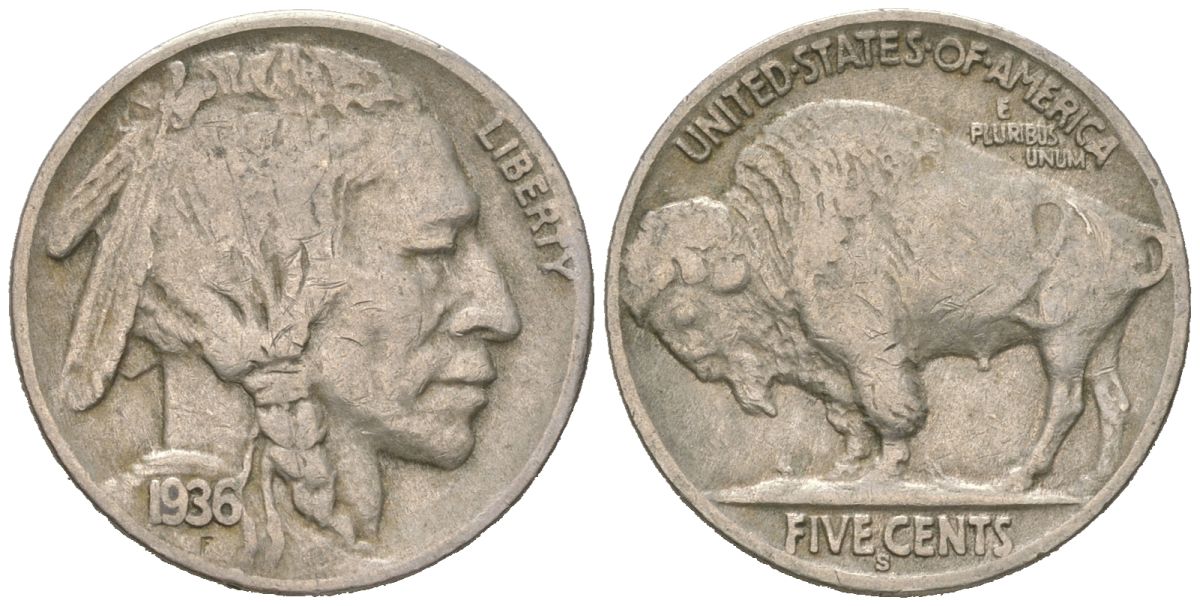 США 5 центов 1936 S, индеец, бизон KM 134 медно-никель 4614-1252