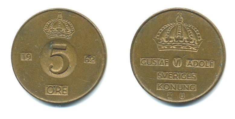 Швеция 5 эре 1962 Густав VI Адольф (1950-1973) KM 822 бронза 23-126