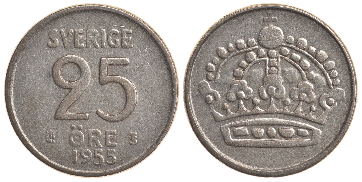Швеция 25 эре 1955 TS, Густав VI Адольф (1950-1973) KM 824 серебро 4179-912