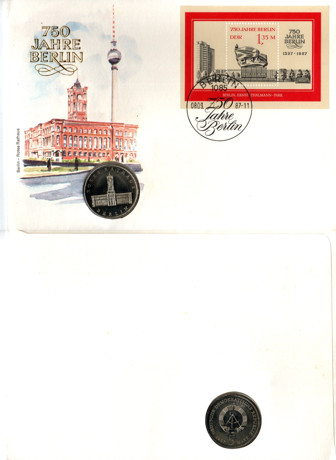 ГДР 5 марок 1987 750 лет Берлину, Красная Ратуша, в конверте с маркой (КПД - Конверт первого дня Гашения) KM 115 медь цинк никель UNC 9000-07