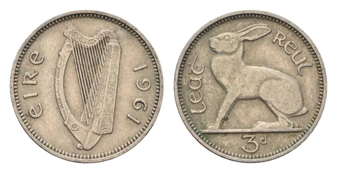 Ирландия 3 пенса 1961 заяц KM 12a медно-никель 4690-319