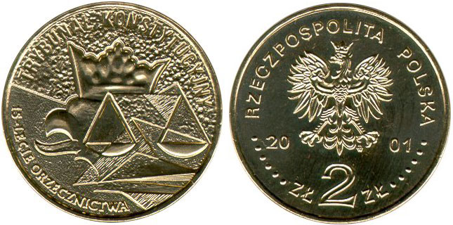 Польша 2 злотых 2001 MW, 15 лет конституционному суду в Польше KM 412 нордик UNC 4521-1133