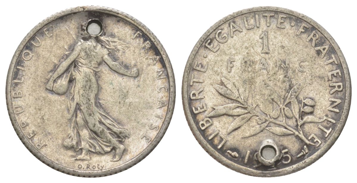 Франция 1 франк 1915 с отверстием KM 844 серебро 4622-1113