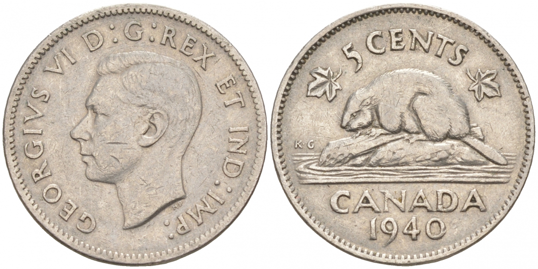 Канада 5 центов 1940 бобр, Георг VI (1937-1952) KM 33 никель 73-1157
