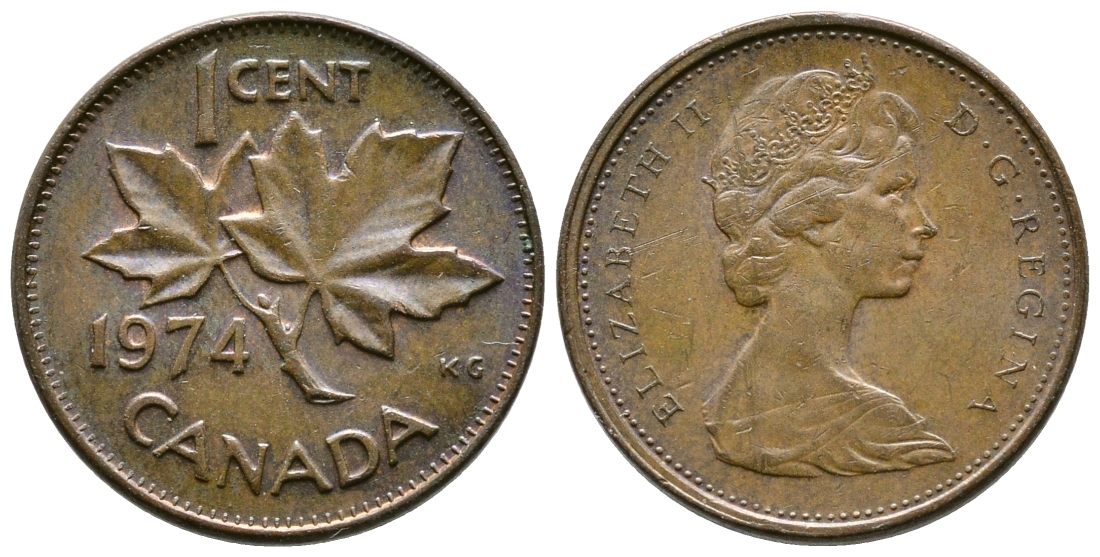 Канада 1 цент 1974 Елизавета II (1952-2022), кленовый лист KM 59.1 бронза 46-1832