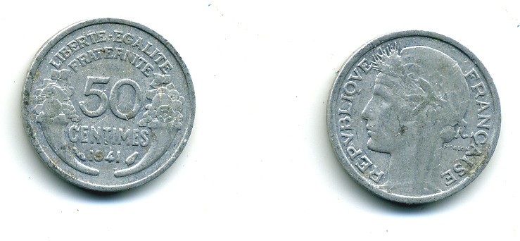 ФРАНЦИЯ 50 САНТИМОВ 1941 ТИП MORLON, LOURDE, ВЕС 0,67 ГР. KM 894.1а, LE FRANC 193.2 алюминий 84-353