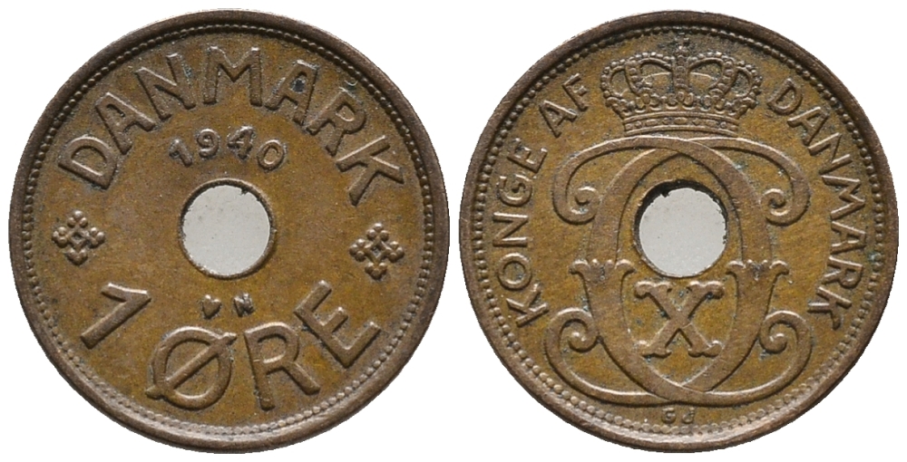 ДАНИЯ 1 ЭРЕ 1940 N; GJ, КРИСТИАН X (1912-1947) KM 826.2 бронза 66-157
