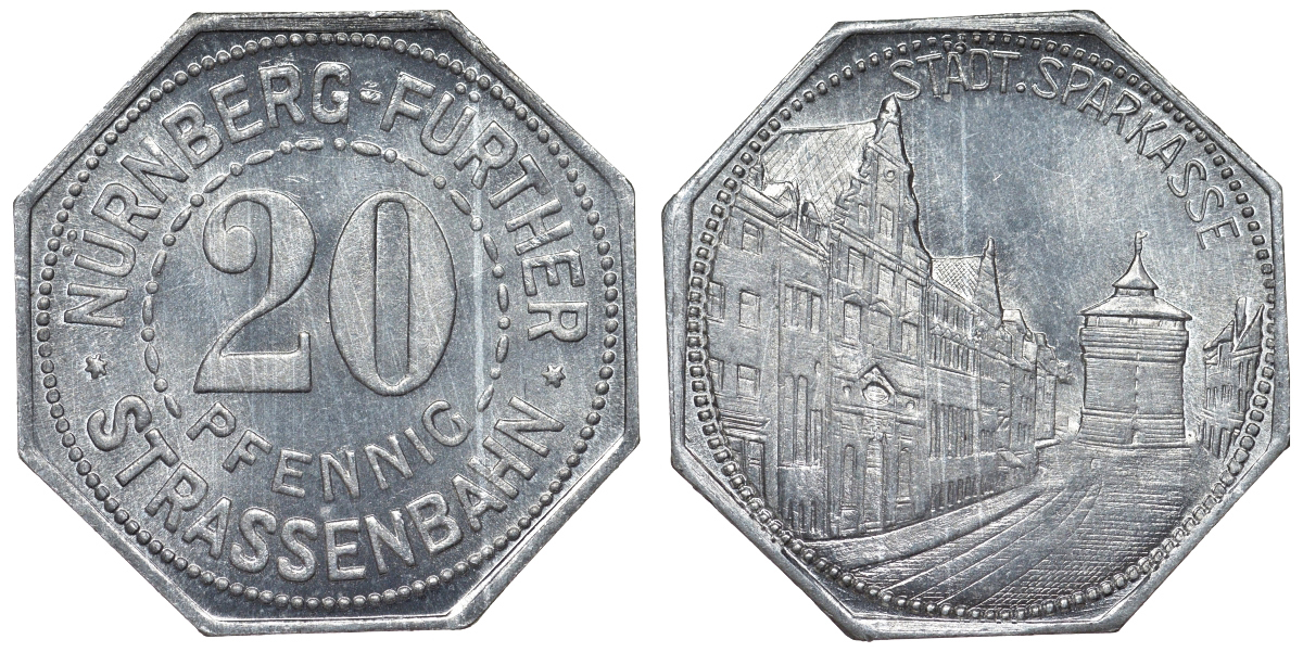 Германия, Нюрнберг - Фюрт 20 пфеннигов ND трамвайный жетон, сберегательная касса алюминий UNC 4119-626