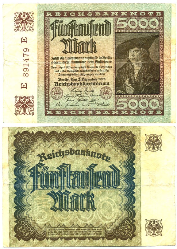 ГЕРМАНИЯ 5000 МАРОК 1922 2 ДЕКАБРЯ 1922, ВОДЯНОЙ ЗНАК G, ДЮРЕР Pick 81b бумага 444-119-2