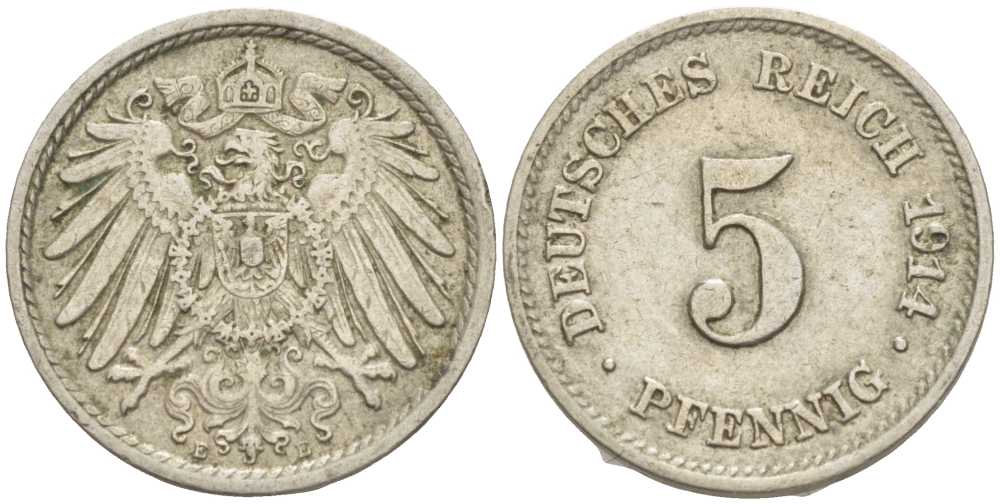ГЕРМАНИЯ 5 ПФЕННИГОВ 1914 E KM 11, J. 12 медно-никель 105-215