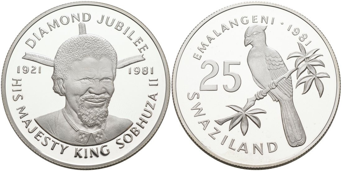Свазиленд 25 емалангени 1981 брильянтовый юбилей короля, птичка на ветке KM 34 серебро PROOF 00-807-50