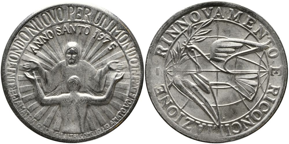 ИТАЛИЯ МЕДАЛЬ 1975 ANNO SANTO, RINNOVAMENTO E RICONCILIAZIONE, ДИАМЕТР 35 ММ. белый металл 4386-432