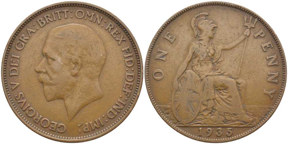 Великобритания 1 пенни 1935 Георг V (1910-1936) KM 838, Spink 4055 бронза 115-312