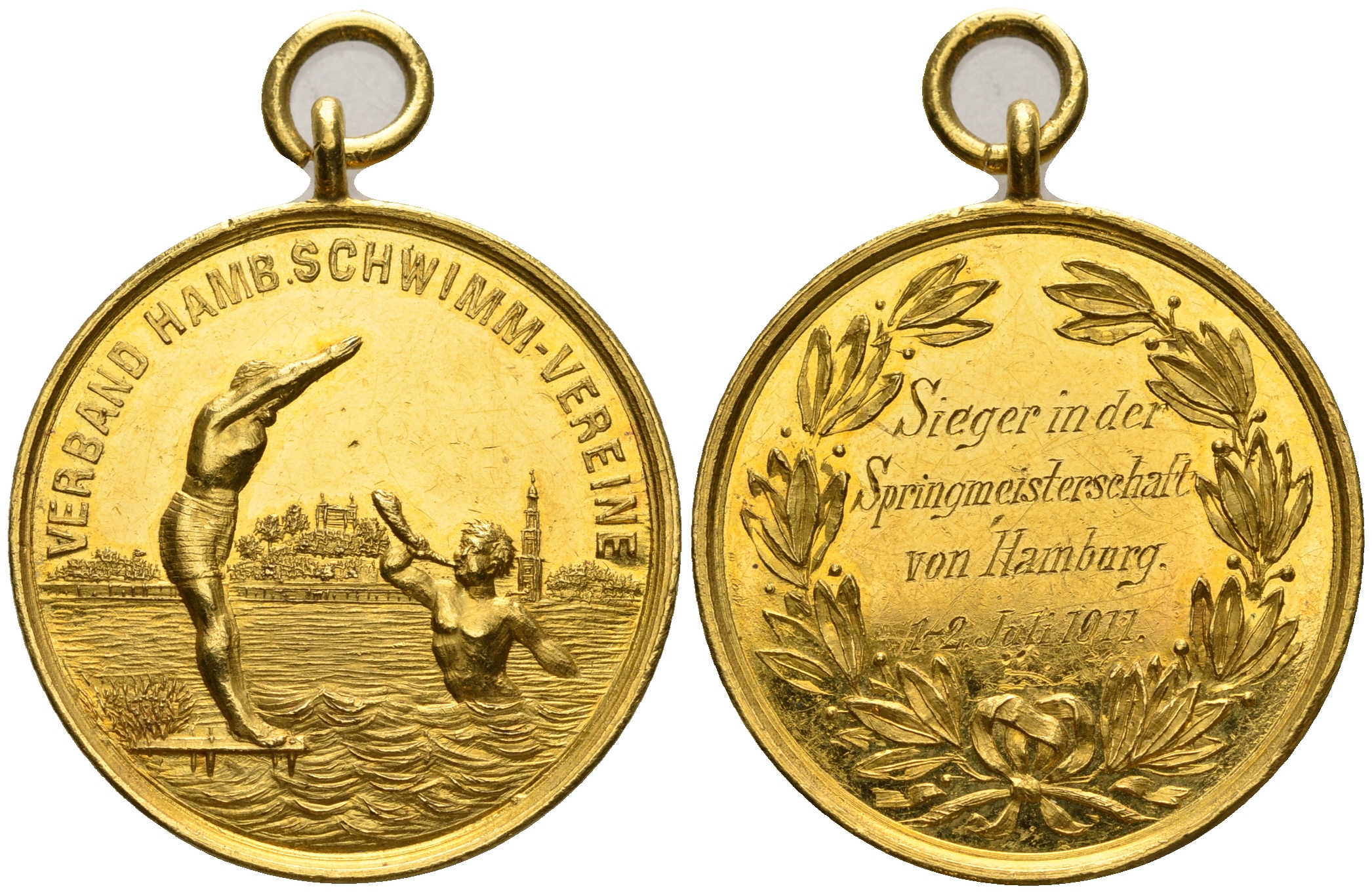 Гамбург медаль 1911 победителю весеннего чемпионата по плаванию, 27,55 мм, 11,39 гр золото 10-009-27