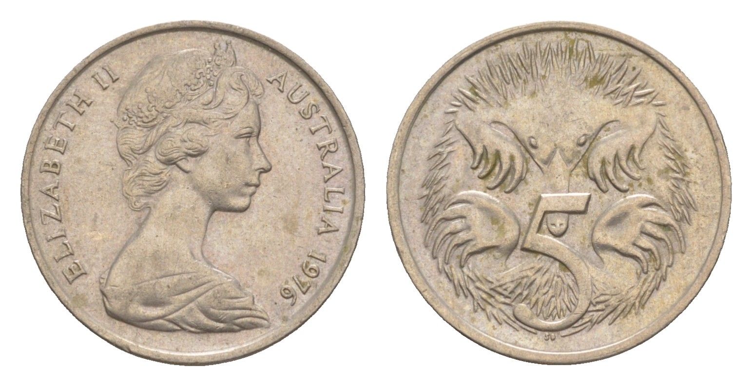 Австралия 5 центов 1976 Елизавета II (1952-2022) молодой портрет, ехидна KM 64 медно-никель 4152-157