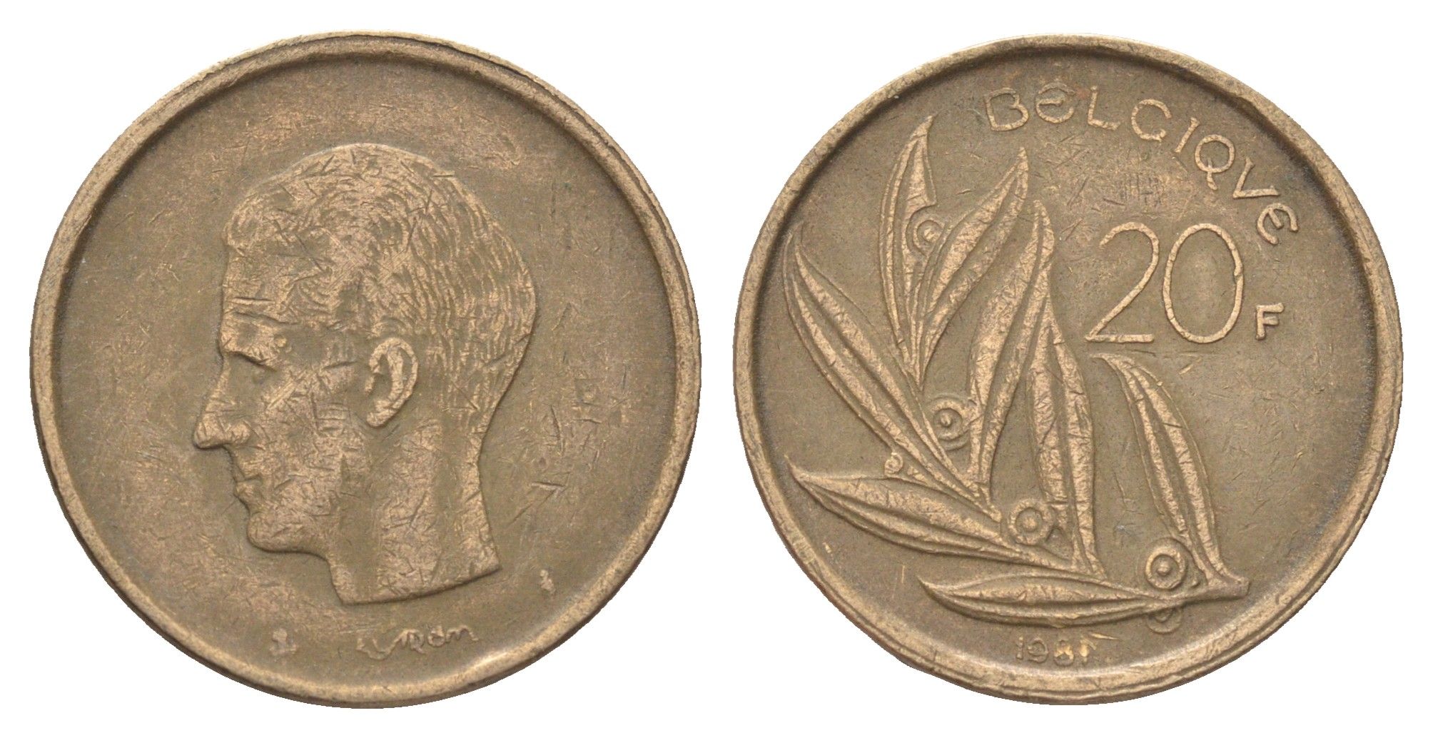 Бельгия 20 франков 1981 Belgique, Бодуэн I (1951-1993) KM 159 никель латунь 4704-1217