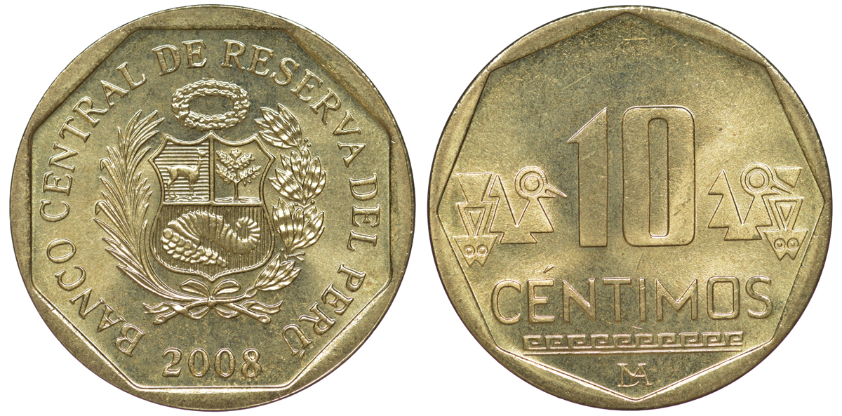 Перу 10 сентимо 2008 KM 305.4 латунь aUNC 4605-543
