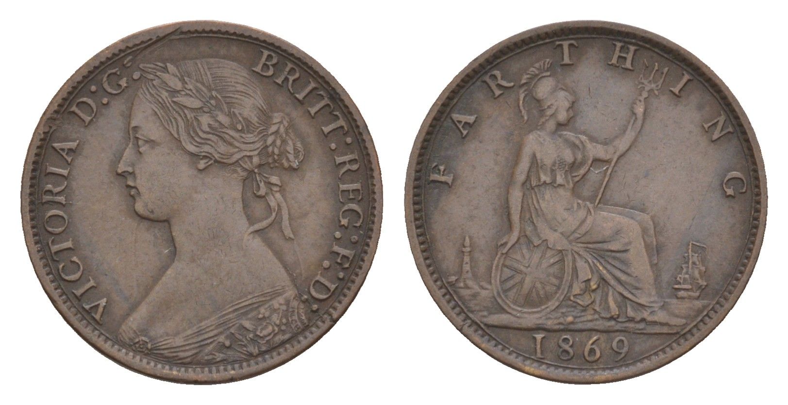 Великобритания 1 фартинг 1869 Виктория (1837-1901) KM 747.2, Spink 3958 бронза 1520-1134