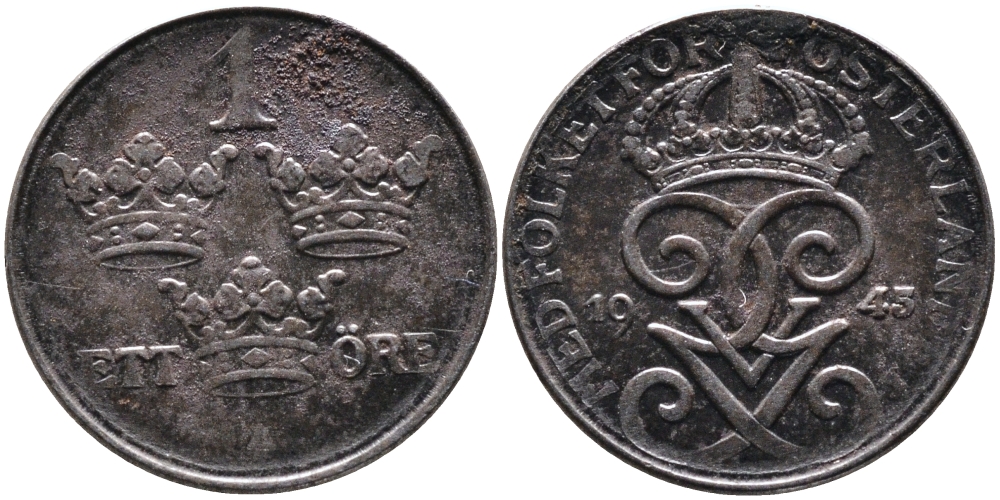 Швеция 1 эре 1945 SERIF 4, Густав V (1907-1950) KM 810 железо 4387-542