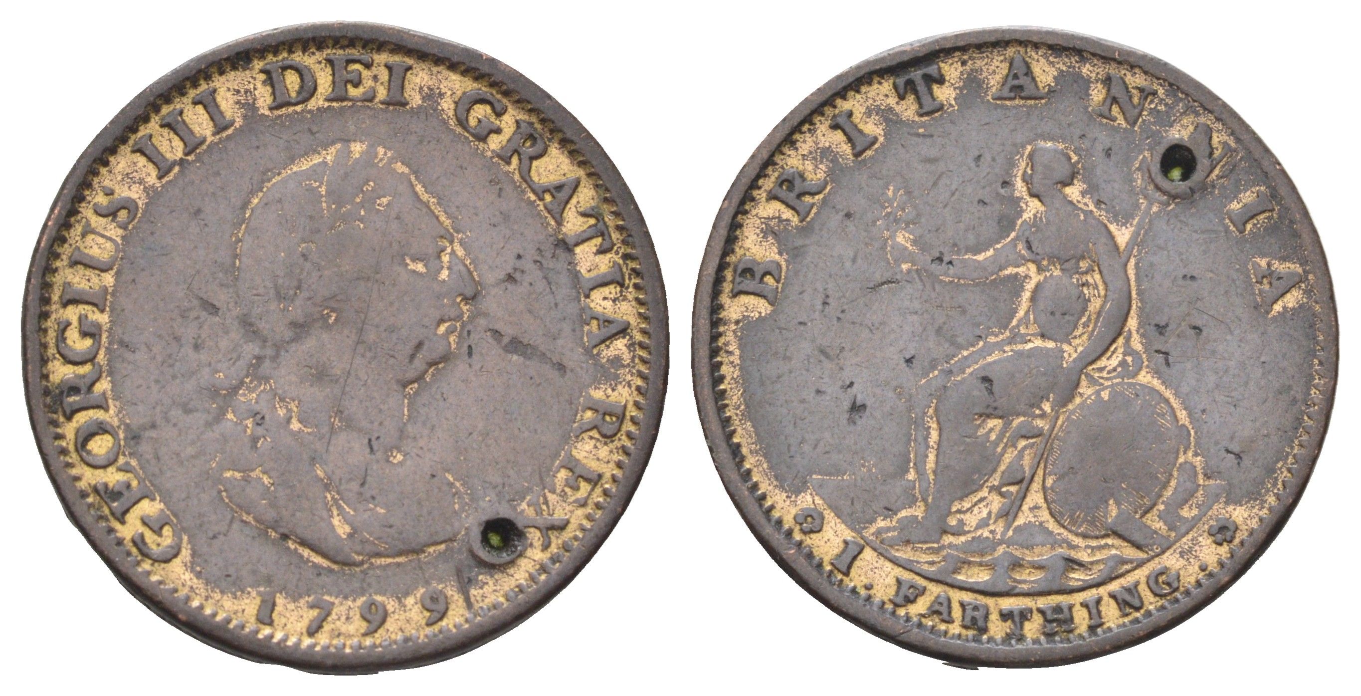 Великобритания 1 фартинг 1799 Георг III (1760-1820) KM 646, Spink 3779 медь 4707-826