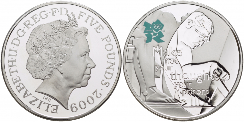 Великобритания 5 фунтов 2009 Елизавета II (1952-2022), XXX летние Олимпийские Игры. Празднование в Британии - Исаак Ньютон KM 1144, Spink LO41 серебро PROOF 02-262-23
