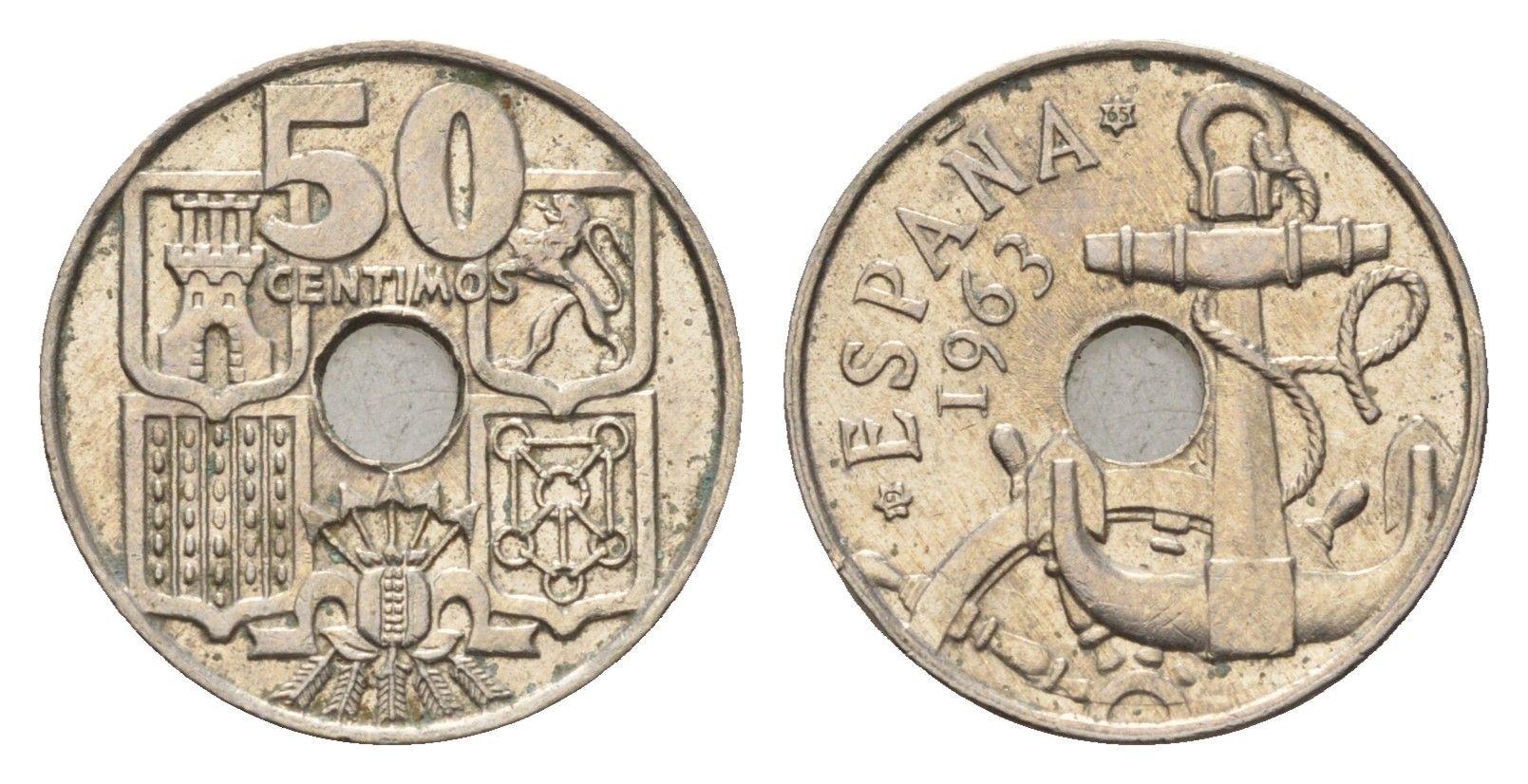 Испания 50 сентимо 1963 (65) Франсиско Франко (1939-1975) KM 777 медно-никель aUNC 4702-252