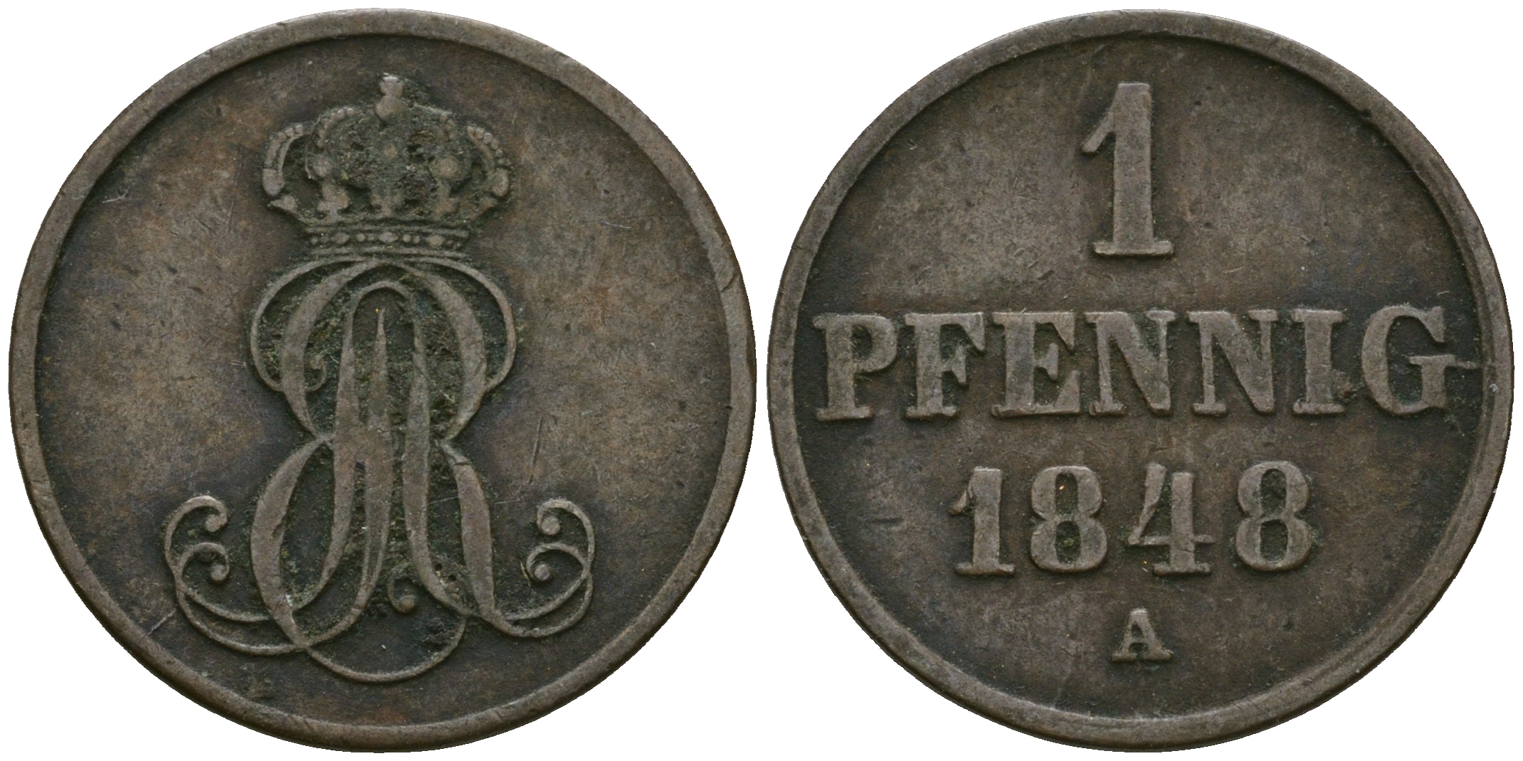 Ганновер 1 пфенниг 1848 A, Эрнст Август (1837-1851) KM 201.2, AKS 130, J. 74 медь 4608-1023