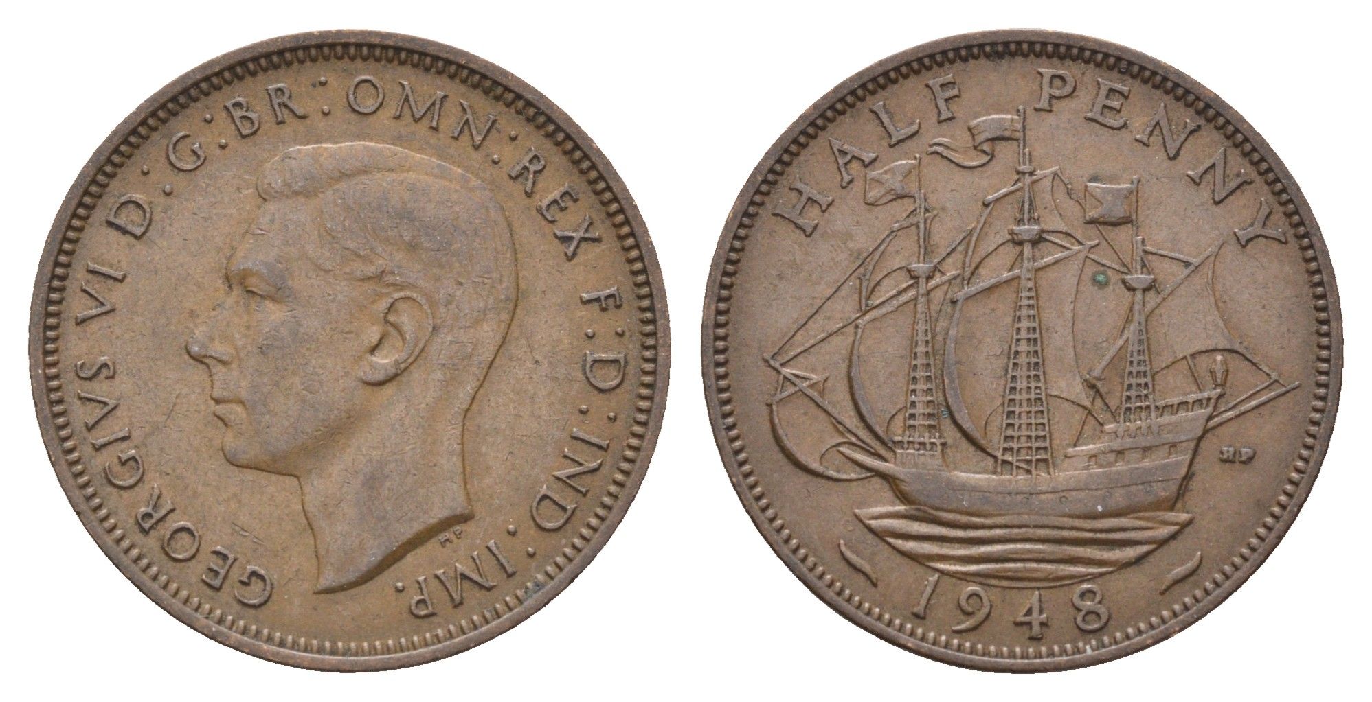 Великобритания 1/2 пенни 1948 Георг VI (1936-1952) KM 844, Spink 4115 бронза    4660-625