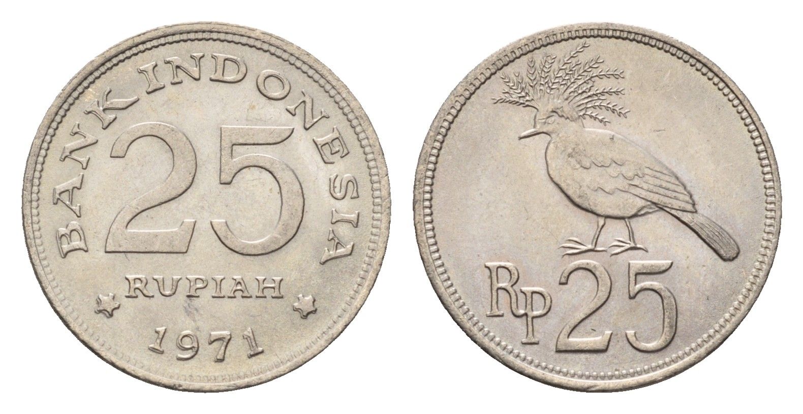 Индонезия 25 рупий 1971 венценосный голубь KM 34 медно-никель UNC 4701-1267