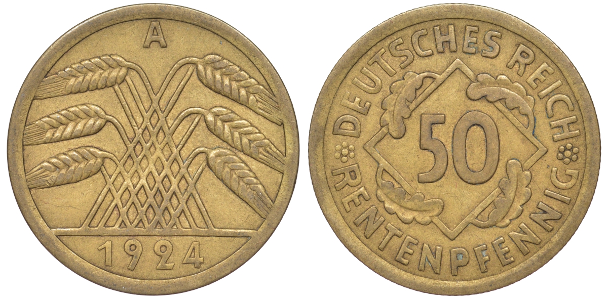 Германия 50 рентенпфеннигов 1924 A J. 310, KM 34 алюминиевая бронза 4118-114