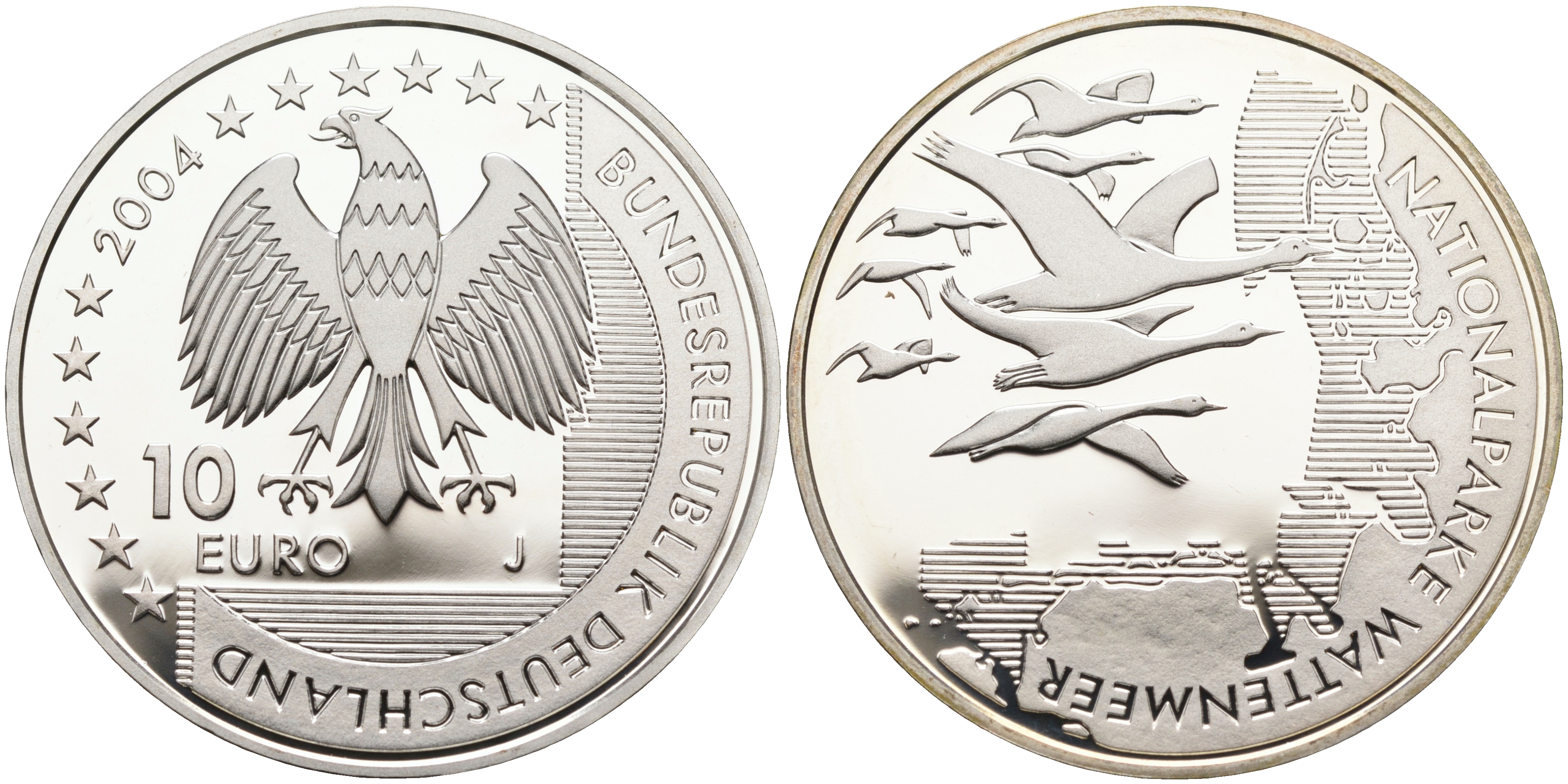ФРГ 10 евро 2004 J, Национальный парк, Ваттовое море (Wattenmeer) KM 232, DE.S 10.15 серебро PROOF 02-070-43