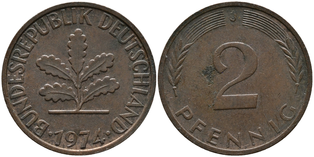 ФРГ 2 пфеннига 1974 J KM 106а, J.381а сталь плакированная медью 99-222