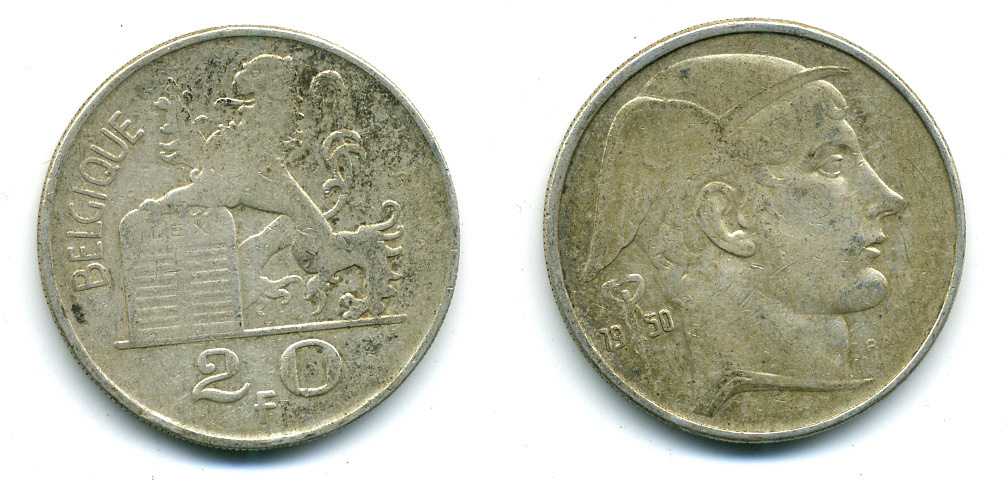 Бельгия 20 франков 1950 Леопольд III (1934-1950), BELGIQUE KM 140.1 серебро 86-1513