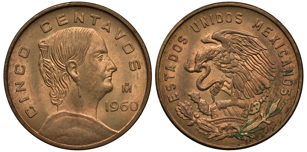 Мексика 5 сентаво 1960 Жозефа Ортис де Домингес KM 426 латунь VF 3334-546