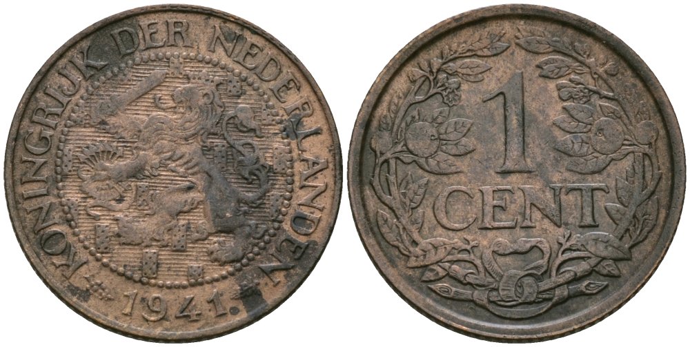 Нидерланды 1 цент 1941 Вильгельмина (1890-1948) KM 152 бронза 4576-1154