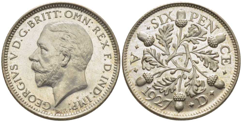 Великобритания 6 пенсов 1927 Георг V (1910-1936), четвертый выпуск, тираж 15000 экземпляров KM 832, Spink 4040 серебро  PROOF 00-802-31