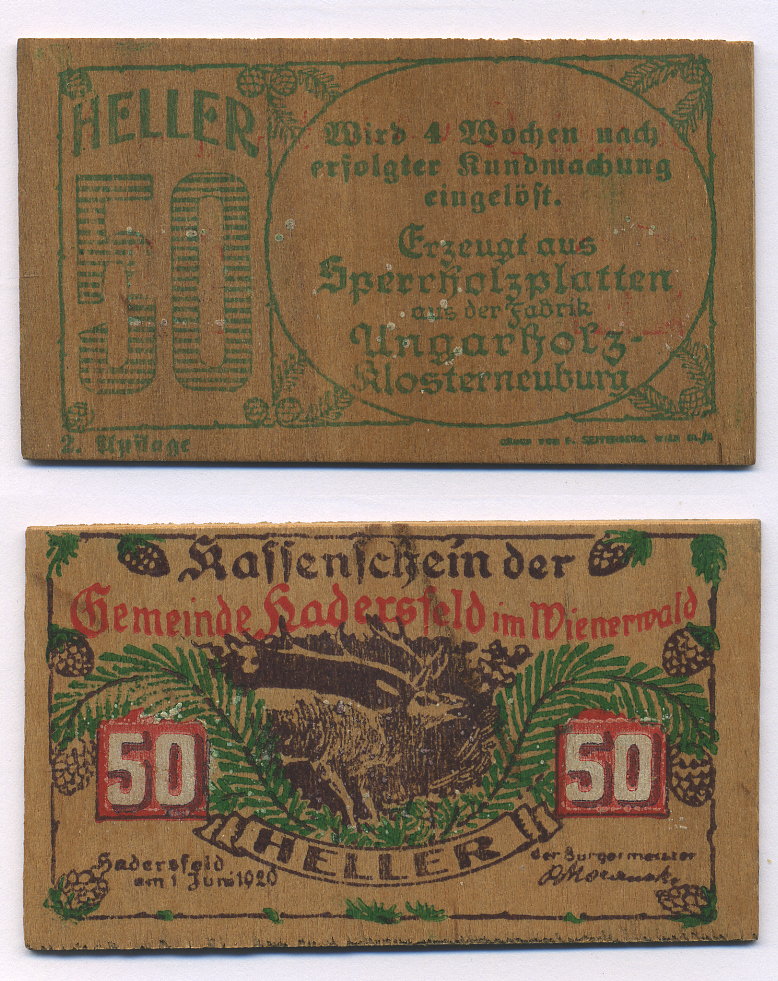 Австрия, Хадерсфельд 50 геллеров 1920 1 июня 1920, деревянный нотгельд   дерево  UNC 2192-98-1-1