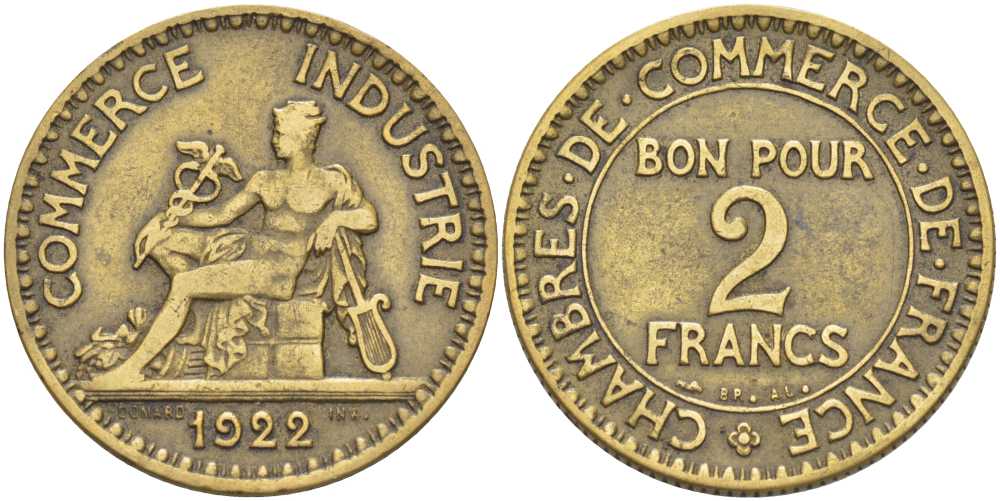 Франция 2 франка 1922 тип Chambres de Commerce KM 877, LE FRANC 267.4 алюминиевая бронза 180-514
