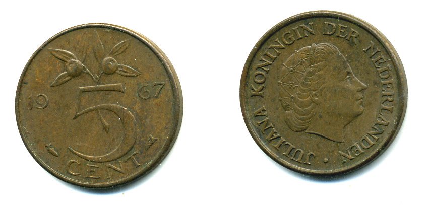 НИДЕРЛАНДЫ 5 ЦЕНТОВ 1967 ЮЛИАНА KM 181 бронза 76-434