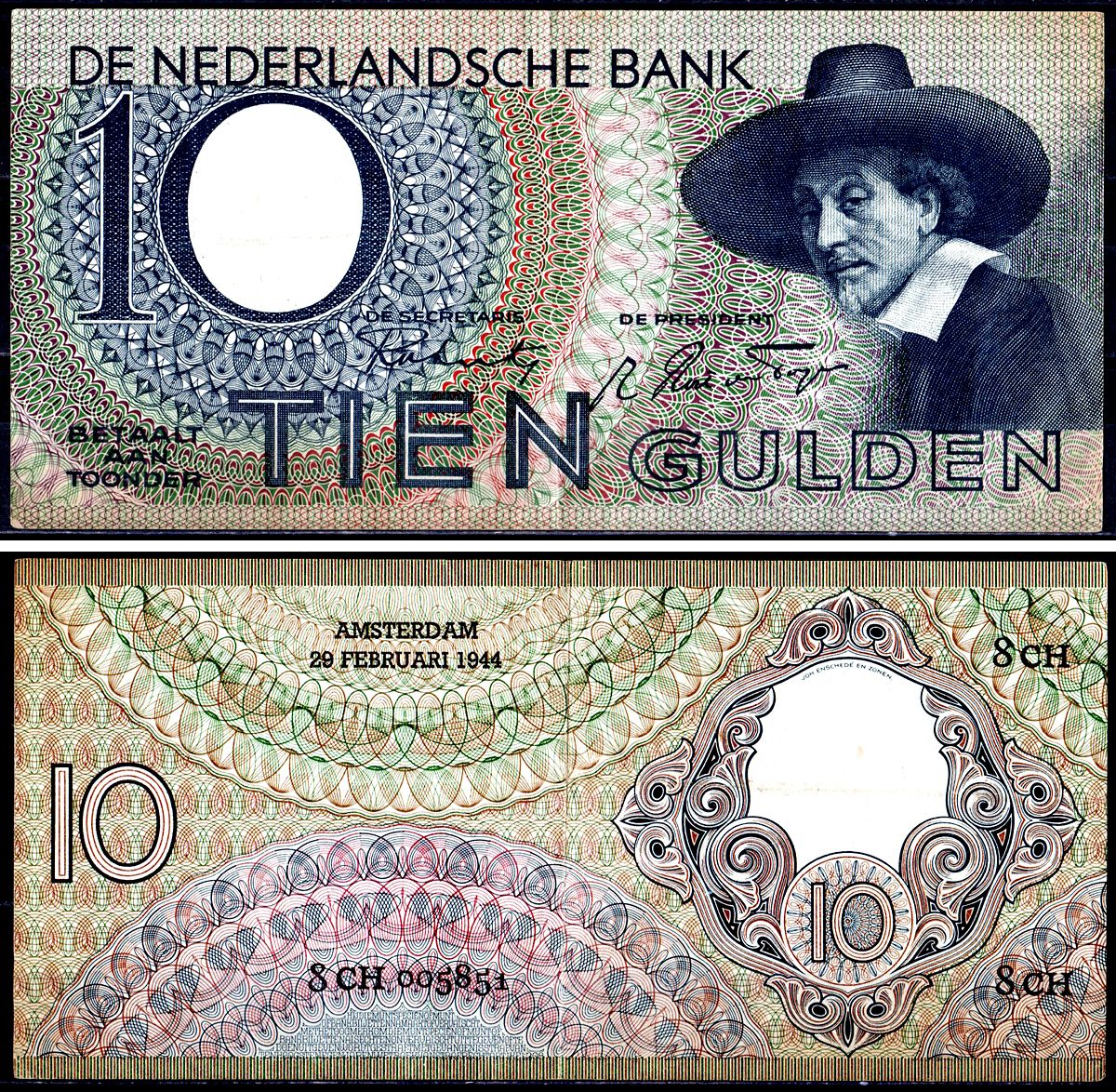 Нидерланды 10 гульденов 1944 Pick 59 бумага 7551-48-3-2