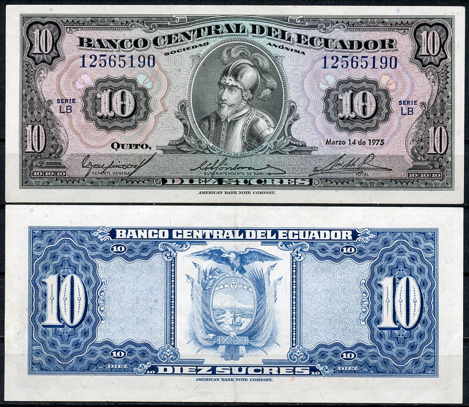 Эквадор 10 сукре 1975 Себастьян де Белалькасар, серия LB Pick 109 (1975 (3))  бумага  UNC (пресс) 447-119-3