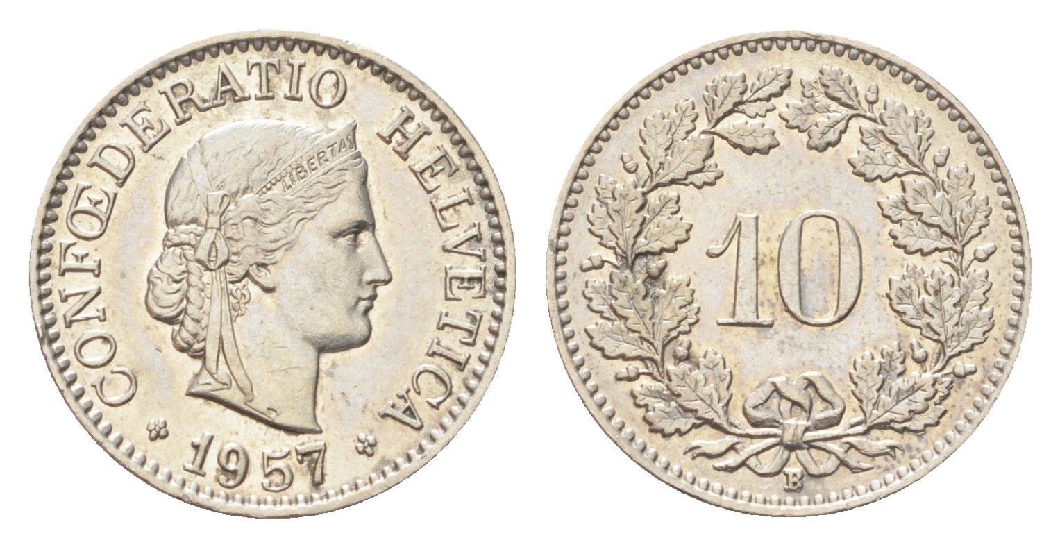 Швейцария 10 раппенов 1957 B KM 27 медно-никель 4708-169