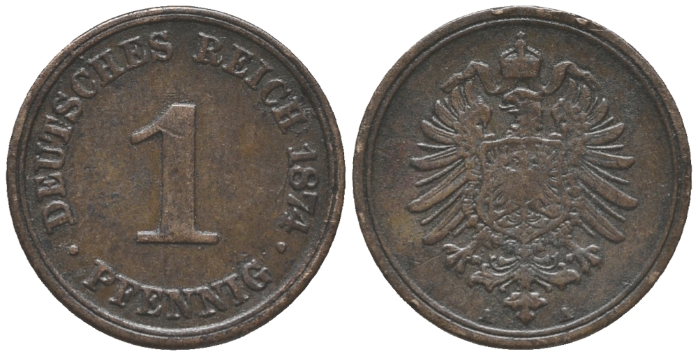 ГЕРМАНИЯ 1 ПФЕННИГ 1874 A, СТАРОГЕРБОВКА KM 1, J. 1 медь 100-858