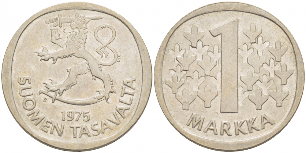 ФИНЛЯНДИЯ 1 МАРКА 1975 S KM 49а медно-никель UNC 3718-1244