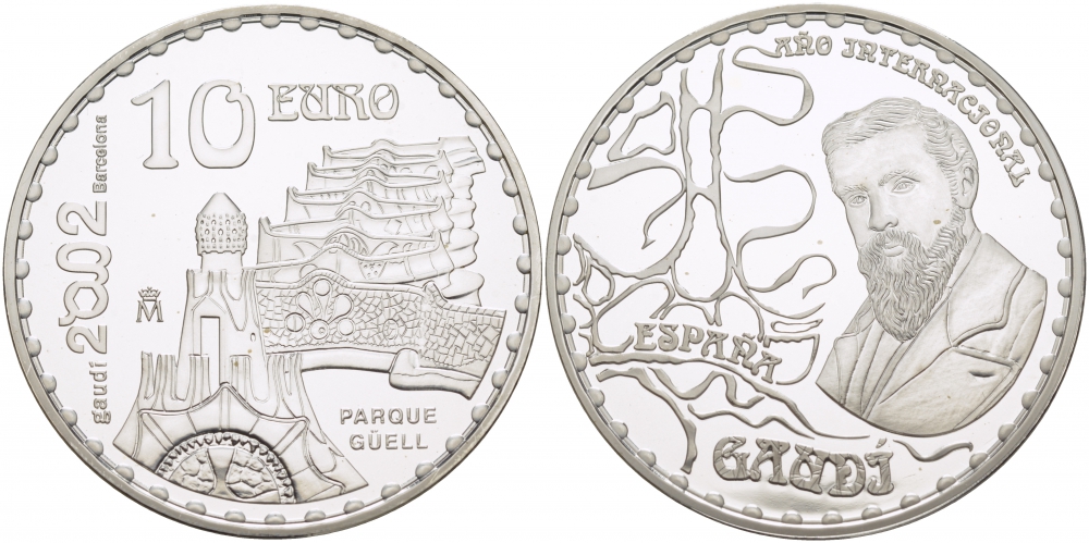 Испания 10 евро 2002 150 лет со дня рождения Антонио Гауди, Парк Гуэль KM 1084 серебро PROOF 11-086-44