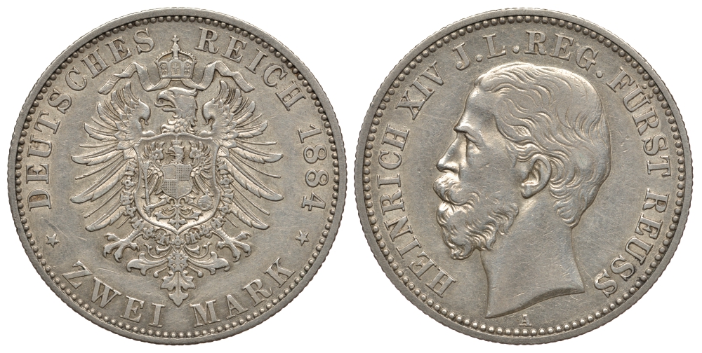 Рейсс (младшей линии) 2 марки 1884 Генрих XIV (1867-1913) Jaeger 120 серебро 10-016-40
