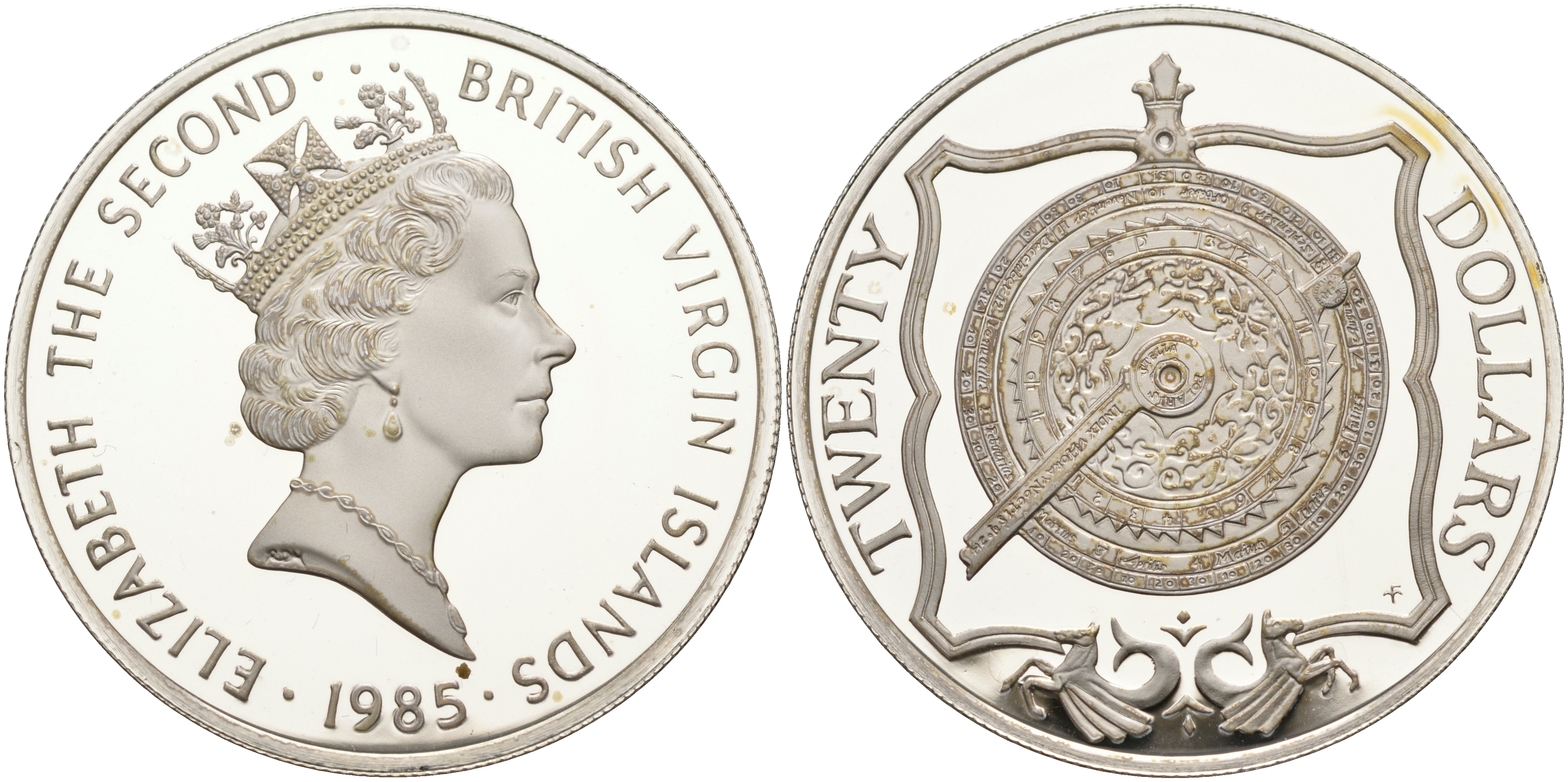 Британские Виргинские острова 20 долларов 1985 латунный пассажный инструмент KM 54 серебро  PROOF  1095-2-24