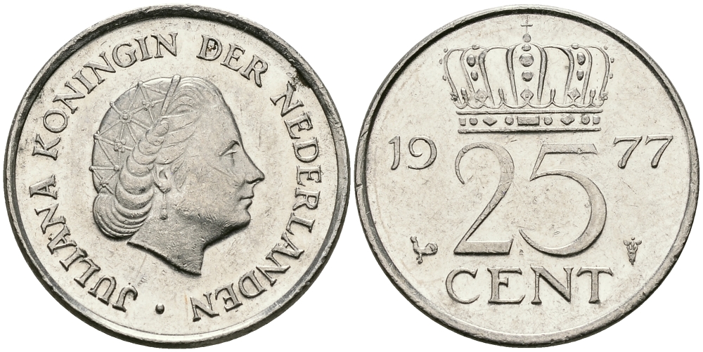 Нидерланды 25 центов 1977 Юлиана (1948-1980) KM 183 никель 96-245